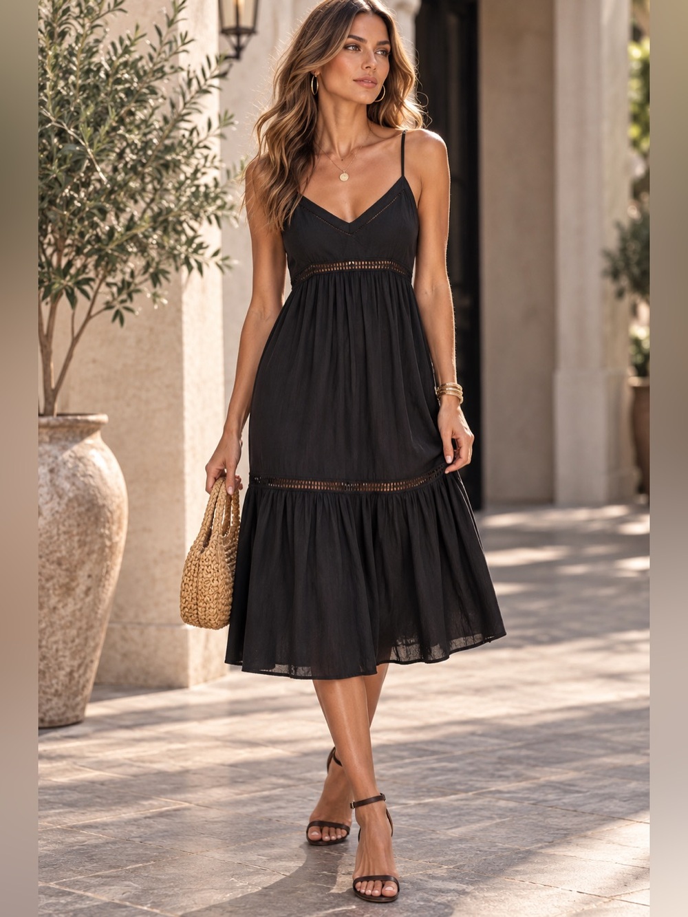 Abercrombie & Fitch Sz M Black Tiered Sheer Midi Dress Spaghetti Strap V-Neck